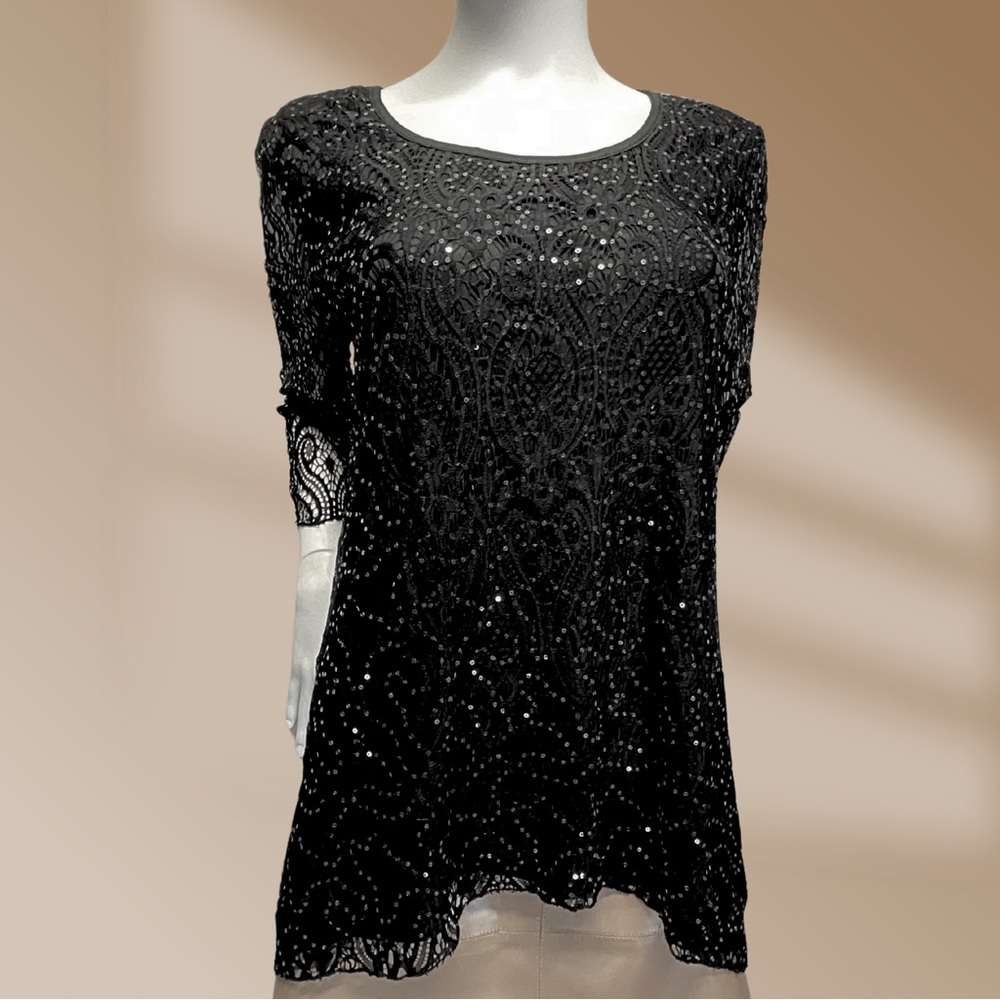 Brittany Black Women's M Sparkle Sequined Black Shark-Bite Hem Lace Sleeve Top